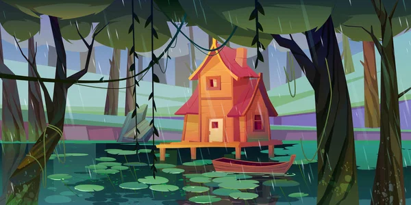 Casa de inclinação no pântano da floresta com barco de madeira. — Vetor de Stock