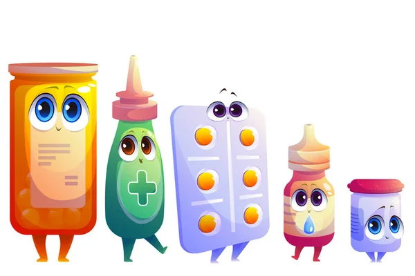 Cartoon pills, drugs, medicine cute characters set — Stock Vector