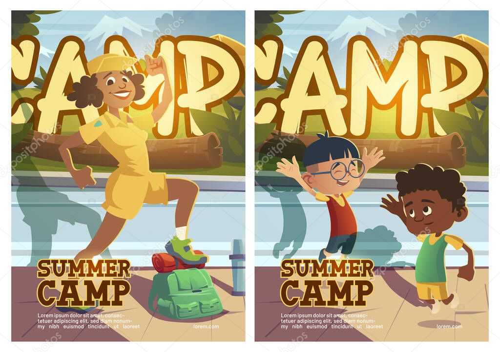 Summer camp poster with people going to hike