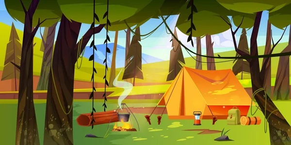 Summer camp with bonfire and tent in forest — Stockvektor