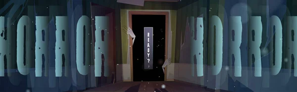 Жах плакат з зомбі руками в темному дверному отворі — стоковий вектор