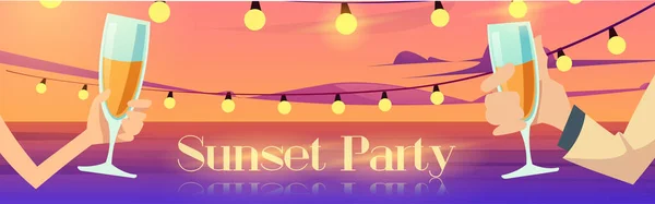 Manifesto di festa al tramonto con coppia felice sulla costa del mare — Vettoriale Stock