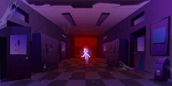 Κορίτσι φάντασμα στο παλιό βρώμικο σχολείο διάδρομο τη νύχτα — Διανυσματικό Αρχείο