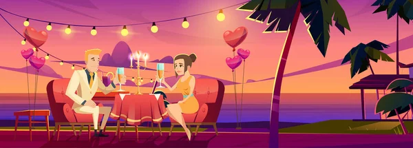 Affiche de fête coucher de soleil avec couple heureux sur la côte de la mer — Image vectorielle