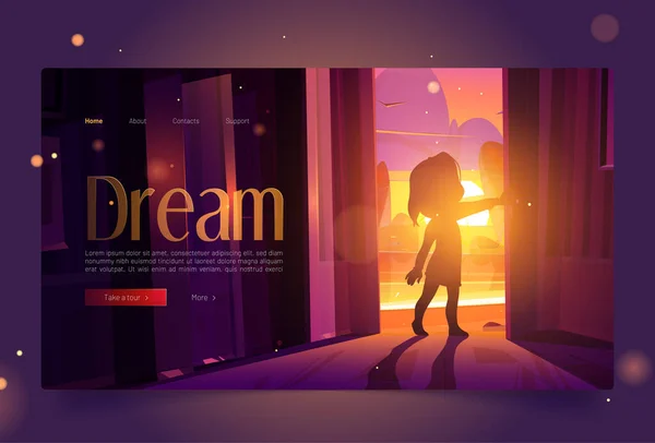 Dream banner with girl open door at sunset — Stock Vector