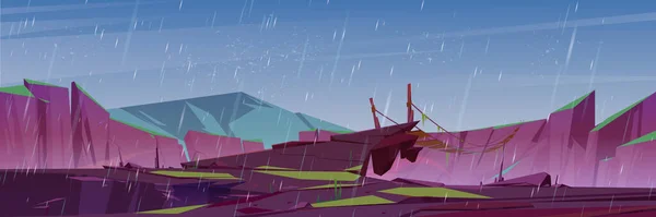 Lluvia en montañas con puente colgante — Vector de stock