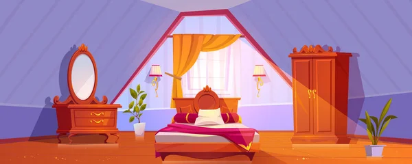 Мансардна спальня або гостьова кімната інтер'єр мансардного поверху — стоковий вектор