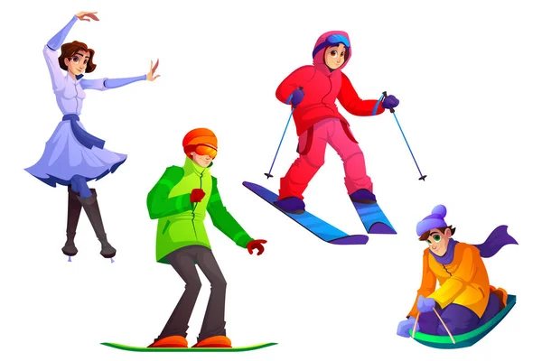 Les gens s'adonnent aux sports d'hiver, aux loisirs hivernaux — Image vectorielle
