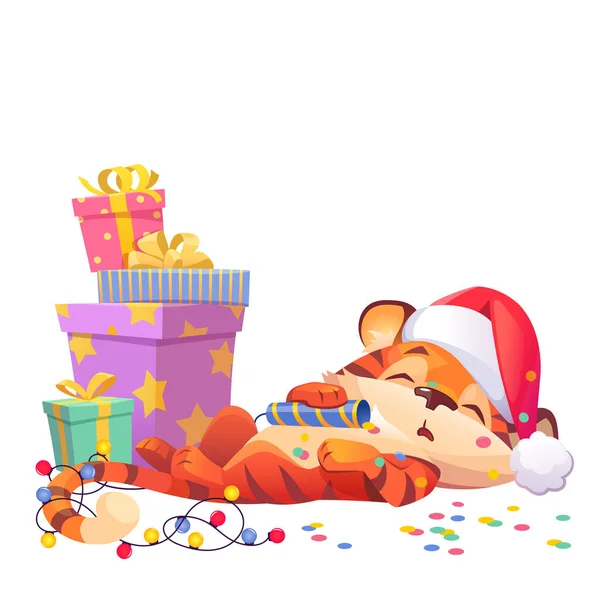 Lindo personaje de dibujos animados tigre de Año Nuevo en Santa sombrero — Vector de stock