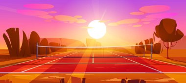 Tenis kortu, gün batımında ağlı spor sahası