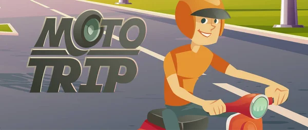 Man rijden fiets, moto trip cartoon vector banner — Stockvector