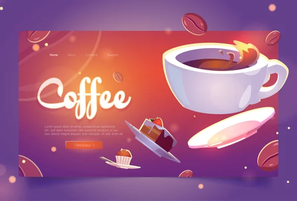 Coffee cartoon landing page white cup of hot drink — Stock Vector