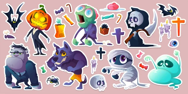 Halloween-Sticker mit Monstern, Fledermäusen, Bonbons — Stockvektor