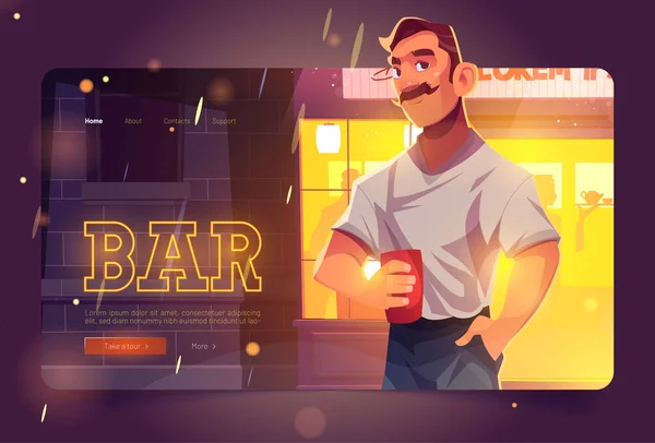 Site de bar avec l'homme sur fond de pub avant — Image vectorielle