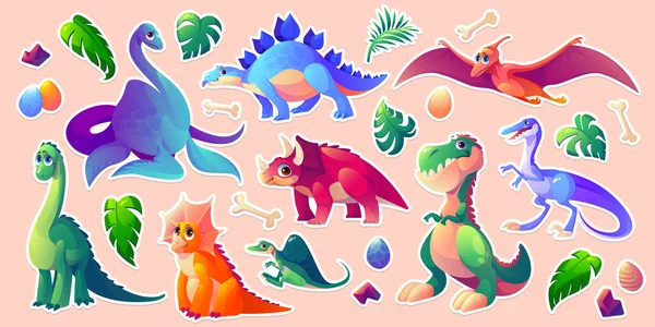 Dinosaurs stickerpack, dino cartoon characters set — Stock Vector