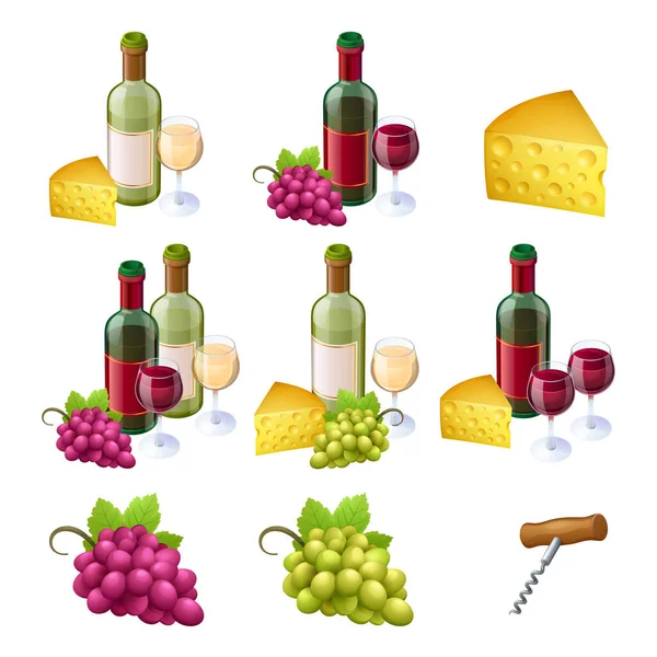 Şarap şişeleri, bardaklar, peynir ve üzümler. — Stok Vektör