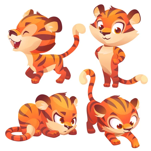 Tiger cub cute character hunting, slink and roar. — Stock Vector