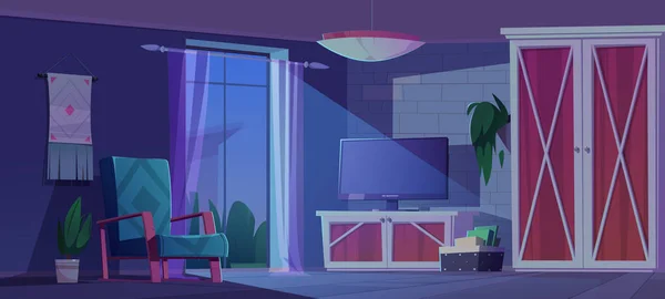 Eco rustikální interiér, noční obývací pokoj ve tmě — Stockový vektor