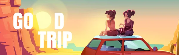Affisch med flickor sitter på biltaket i öknen — Stock vektor
