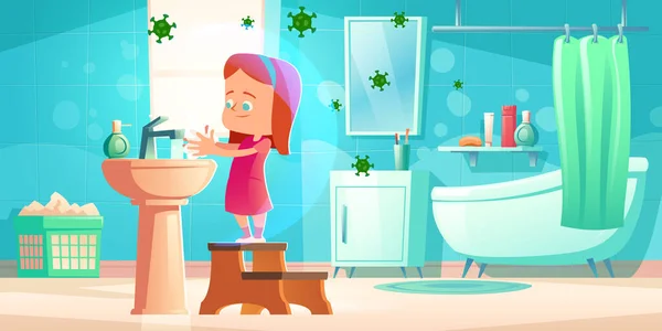 Девушка моет руки в ванной с летающими бактериями — стоковый вектор