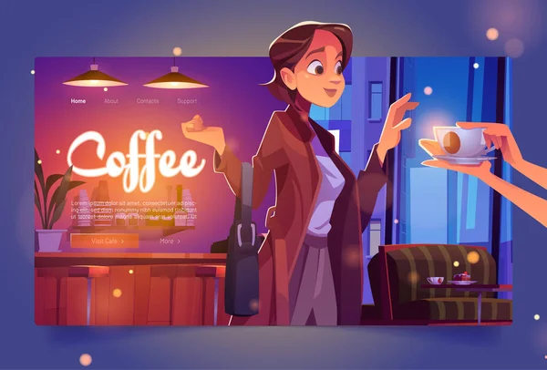 Coffee banner with woman in cafe — Stock Vector