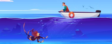 Dalgıç ve teknedeki adamla deniz manzarası.