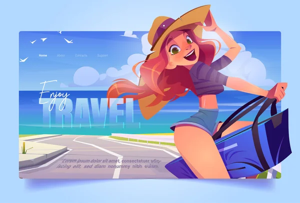 Banner de viaje con chica de vacaciones en la orilla del mar — Archivo Imágenes Vectoriales