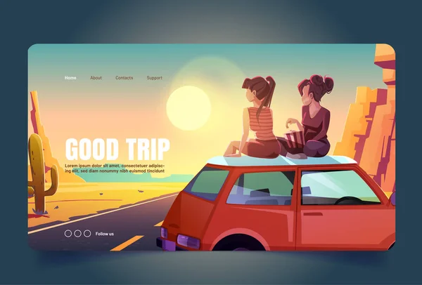 Jó utazás rajzfilm leszállás, barátnők az autó tetején — Stock Vector