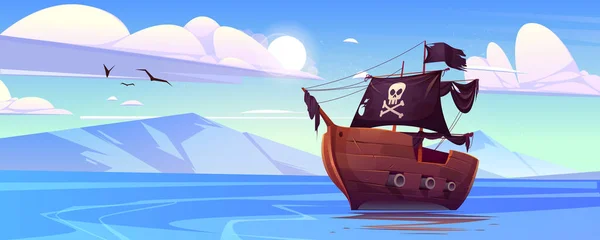 Barco pirata con velas negras y bandera con cráneo — Vector de stock