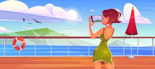 Gemi güvertesindeki kadın deniz manzaralı çekim yapıyor. — Stok Vektör
