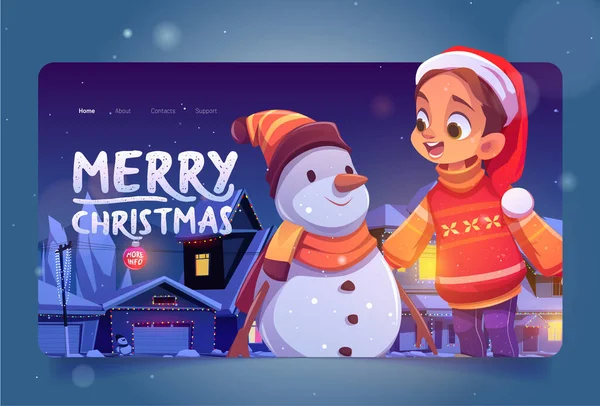 Feliz Natal banda desenhada pouso com menina, boneco de neve — Vetor de Stock