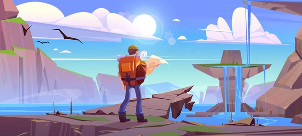 Voyageur avec carte à montagne cascade paysage — Image vectorielle