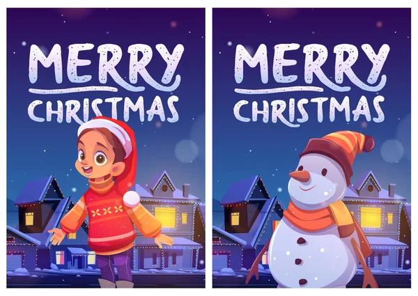 Veselé vánoční letáky s roztomilou dívkou a sněhulák — Stockový vektor