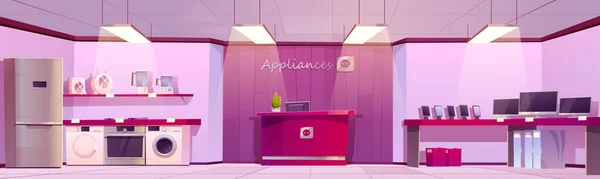 Huishoudelijke apparaten winkel met telefoons en koelkast — Stockvector