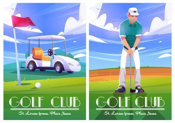 Плакати гольф-клубів з зеленим курсом, кошиком, гравцем — стоковий вектор