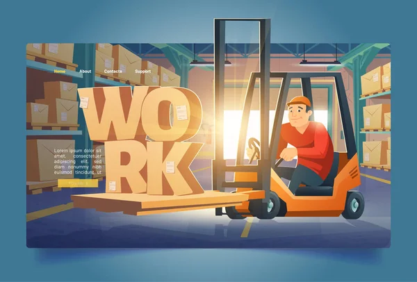 Warehouse work banner with man in forklift — Stock Vector