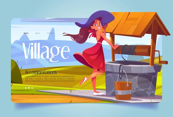 Bannière de village avec belle fille et vieux puits — Image vectorielle