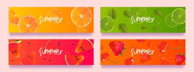 Yaz meyveleri çizgi film yatay afişleri ayarlandı.