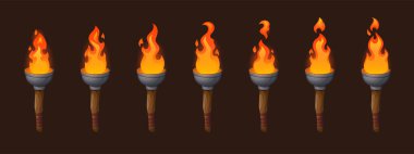Set of medieval sprite torches with burning fire clipart