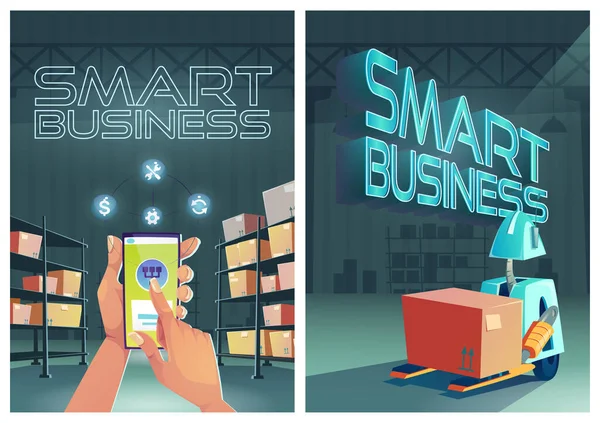 Carteles de dibujos animados de negocios inteligentes, caja de carga de robots — Vector de stock