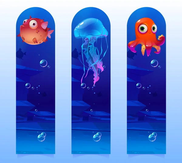 Παιδιά σελιδοδείκτες με κινούμενα σχέδια υποβρύχια πλάσματα — Διανυσματικό Αρχείο