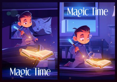 Büyü kitabı olan bir çocukla sihirli zaman broşürleri