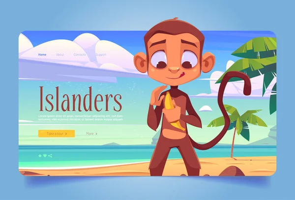 Banner de los isleños con mono en la playa de arena — Archivo Imágenes Vectoriales