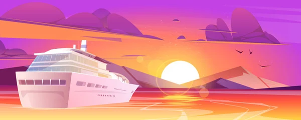 Bateau de croisière en mer avec montagnes au coucher du soleil — Image vectorielle
