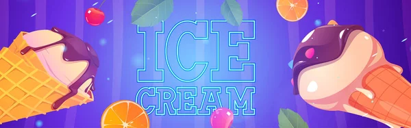 Banner de anúncio de desenho animado de sorvete, cones de waffle de gelado —  Vetores de Stock