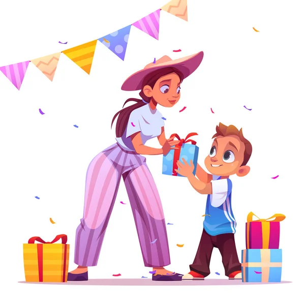 Feliz fiesta de cumpleaños, madre dar regalo a niño — Vector de stock