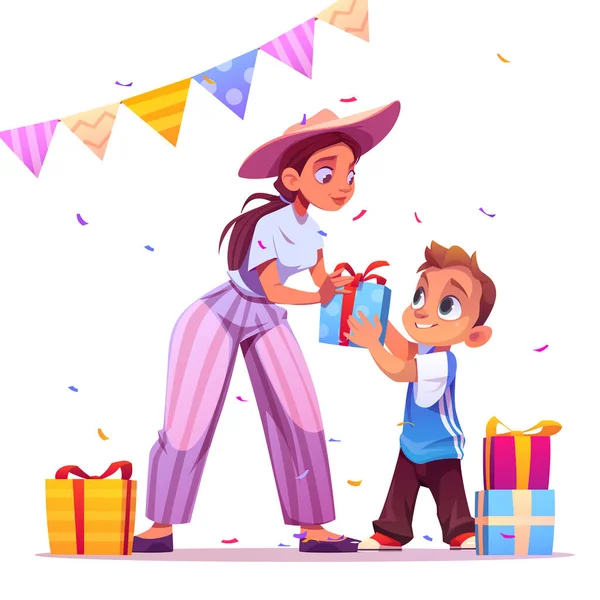 Feliz fiesta de cumpleaños, madre dar regalo a niño — Archivo Imágenes Vectoriales