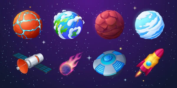 Terra, planetas alienígenas, foguete, ufo, meteorito — Vetor de Stock
