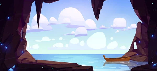 Grottan havsutsikt landskap med ensam trä båt. — Stock vektor