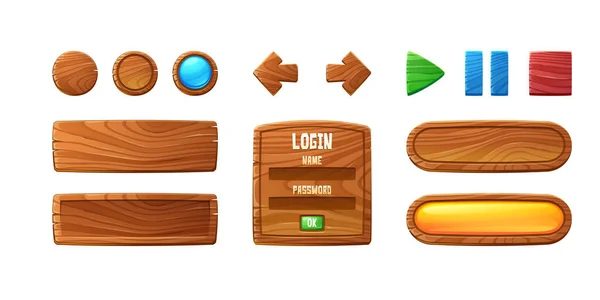 Ξύλινα κουμπιά για ui παιχνίδι, gui στοιχεία — Διανυσματικό Αρχείο